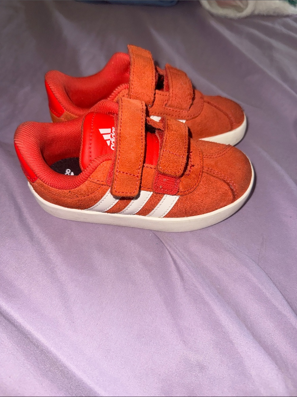 adidas Kids Orange Suede Velcro Sneakers with White Stripes size 8